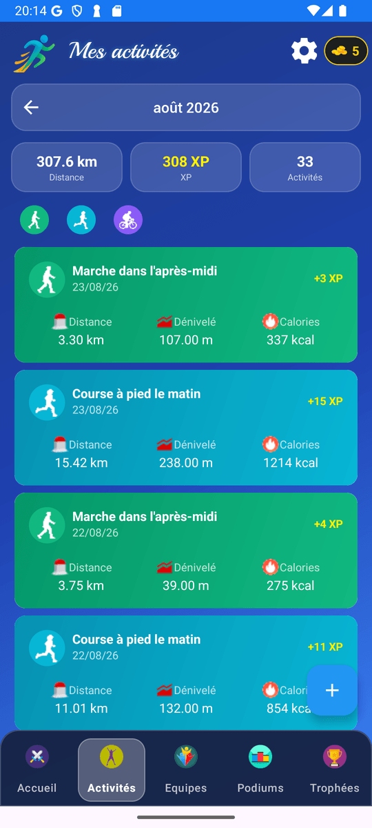 Écran Mes activités de Run&Fun