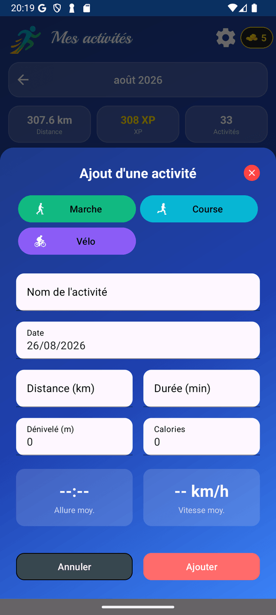Écran d'ajout d'activité de Run&Fun